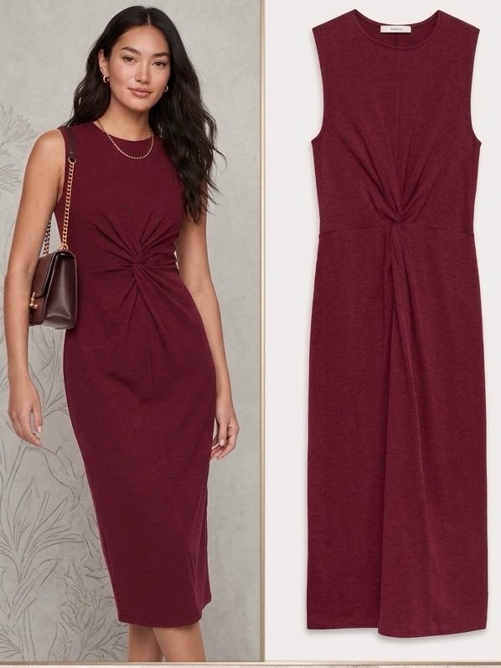 Mango Burgundy / Bordeaux Sleeveless MIDI-DRESS W/ DRAPED DETAIL: Size 4 /Smal